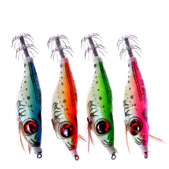 Señuelos de pesca de camarones de madera, anzuelos de plantilla de calamar, 9,5g, cebo giratorio Artificial de ojo grande, 1 pieza, venta - imagen 3