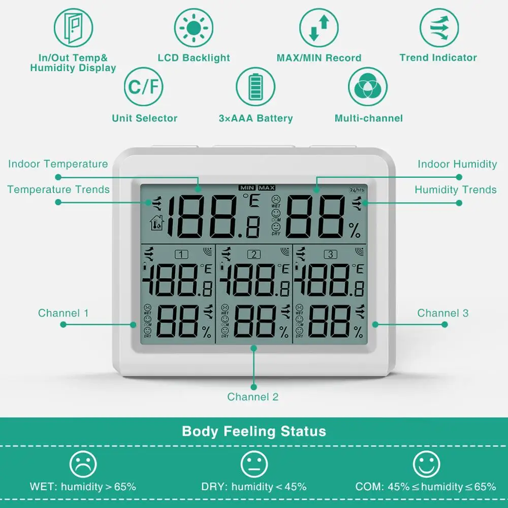 ORIA Termómetro Higrómetro LCD – Sensor inalámbrico temperatura y humedad - imagen 2