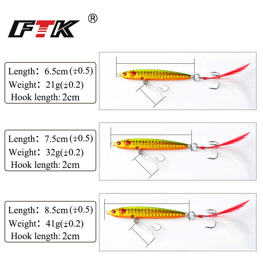 FTK 20g 30g 40g Señuelos de Pesca de Jigging de Metal 6,5 cm-8,5 cm cebo Artificial duro pesca en el mar Micro plantilla con anzuelo triple - imagen 3