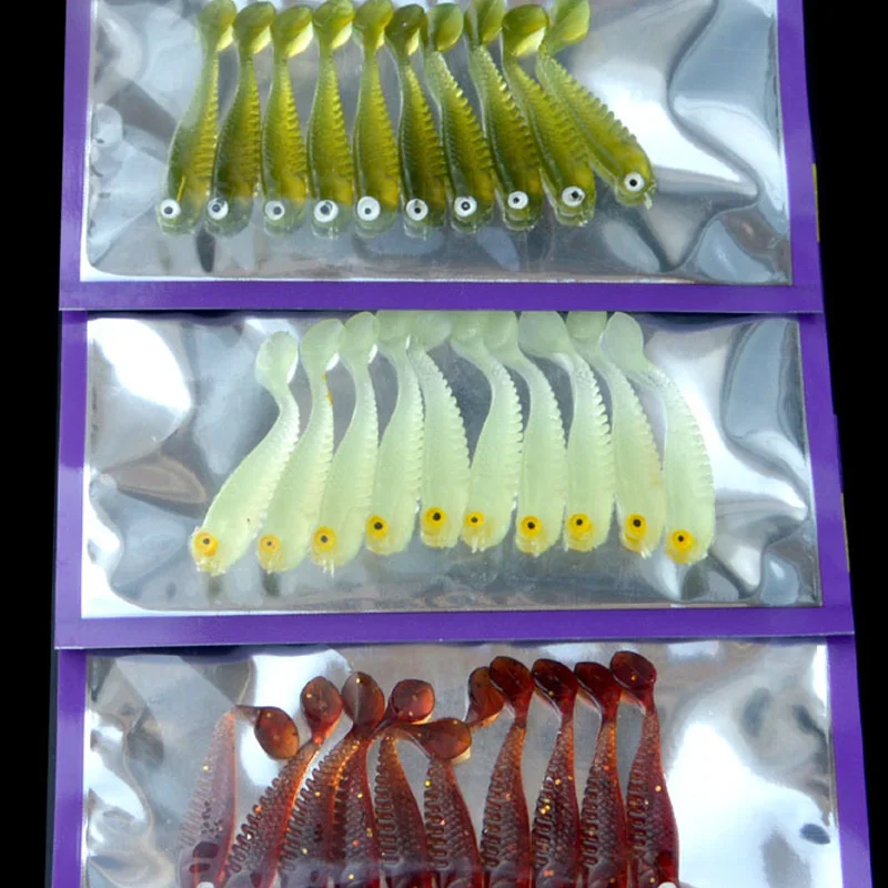 Señuelos artificiales blandos de pez pequeño, 5cm, olor a pescado, verde, morado, brilla en la oscuridad, gusano, 10 unidades por bolsa - imagen 2