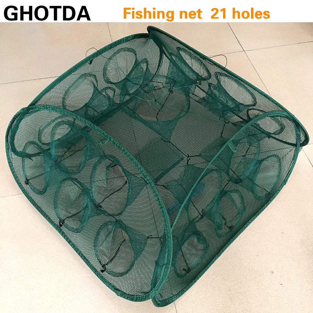 Red de pesca plegable portátil, 5/9/21 agujeros, trampa automática para camarones, peces, camarones, pececillos, cebos de cangrejo, trampa de malla fundida - imagen 3