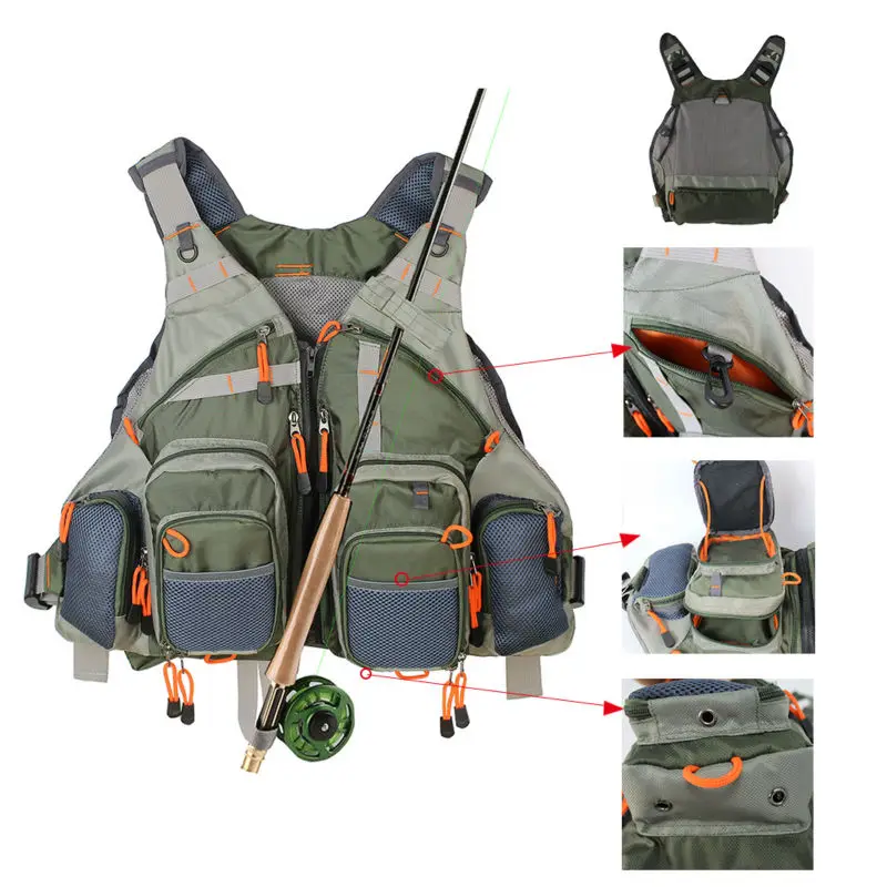 Chaleco de pesca con mosca verde militar para hombre, ropa de caza ajustable al aire libre, chaleco de malla, bolsa de equipo de pesca - imagen 4