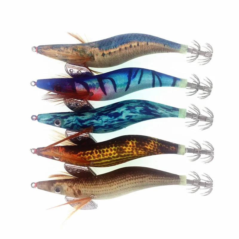 Señuelos de pesca de camarón Artificial, anzuelo de calamar de camarón de madera, pulpo, sepia, Color aleatorio, 10 Uds. - imagen 5