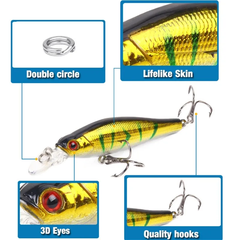 Señuelos de Pesca de piezas, pececillos artificiales de plástico duro, Crankbait, ojos 3D Isca, coloridos, Wobblers, lubina, pez falso, carpa, 9g/80mm