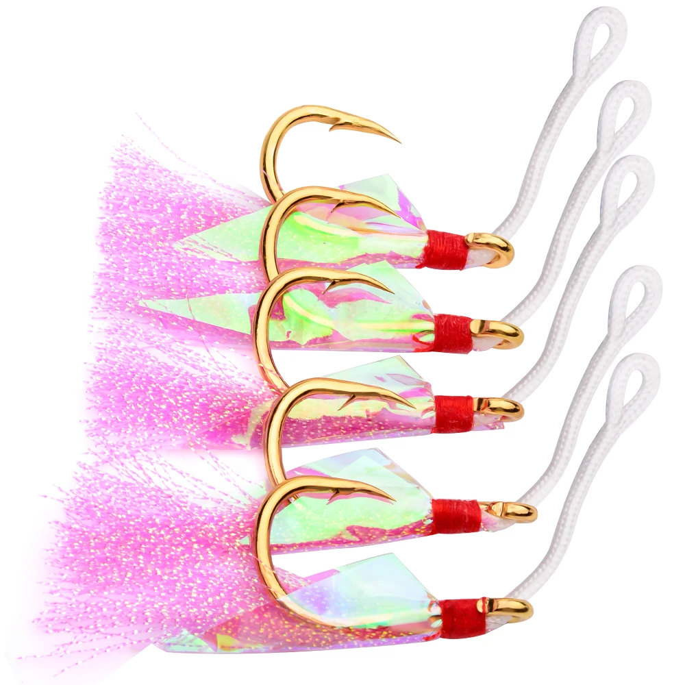 Anzuelos de pesca de agua salada con pluma rosa, anzuelos de JIGGING dorados y negros de acero inoxidable, 2 colores, 1/0-9/0, 20 unids/lote - imagen 3