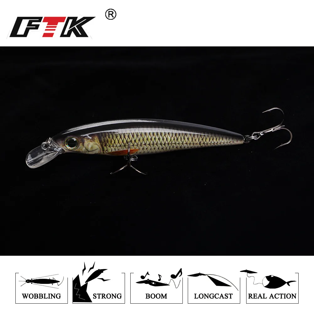 FTK-señuelo de pesca de lubina, accesorio de anzuelo flotante de 100mm/12g, Wobblers de hundimiento, duro, ojo 3D, flotador lento, HF, 1 unidad