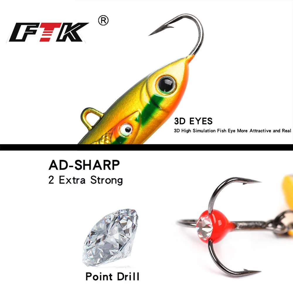 FTK-señuelo para pesca en hielo, equilibrador de Metal, ojos 3D, 6,3 cm/10g, 8,5 cm/20g, cebo Artificial para pesca de invierno, señuelos duros, anzuelo triple - imagen 4