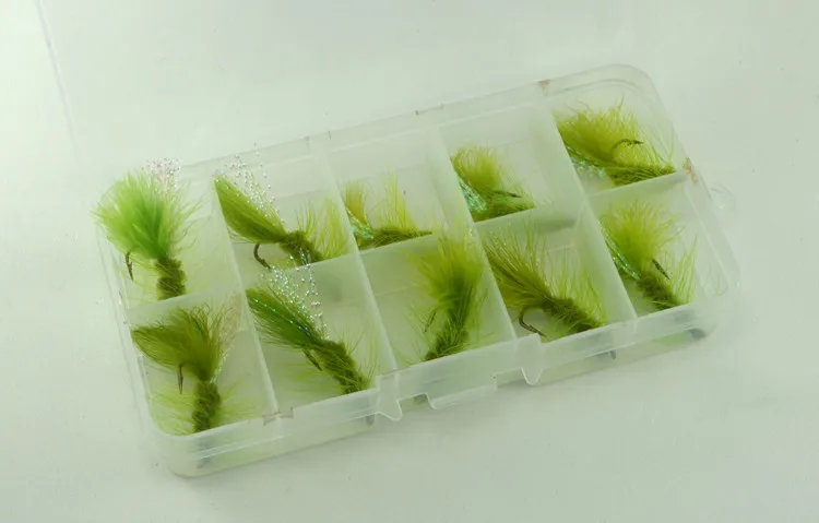 MNFT 10PCS 6 #   Señuelo tipo Bugger lanudo de color oliva, trucha, cola de Flashabou, señuelos de pesca con mosca - imagen 2