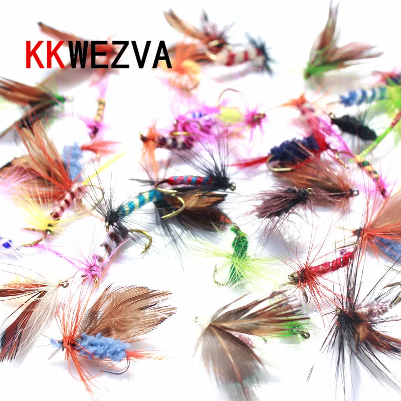 KKWEZVA 60 uds señuelos anzuelos de pesca con mosca mantequilla insectos estilo salmón moscas trucha solo señuelo de pesca con mosca seca aparejos de pesca