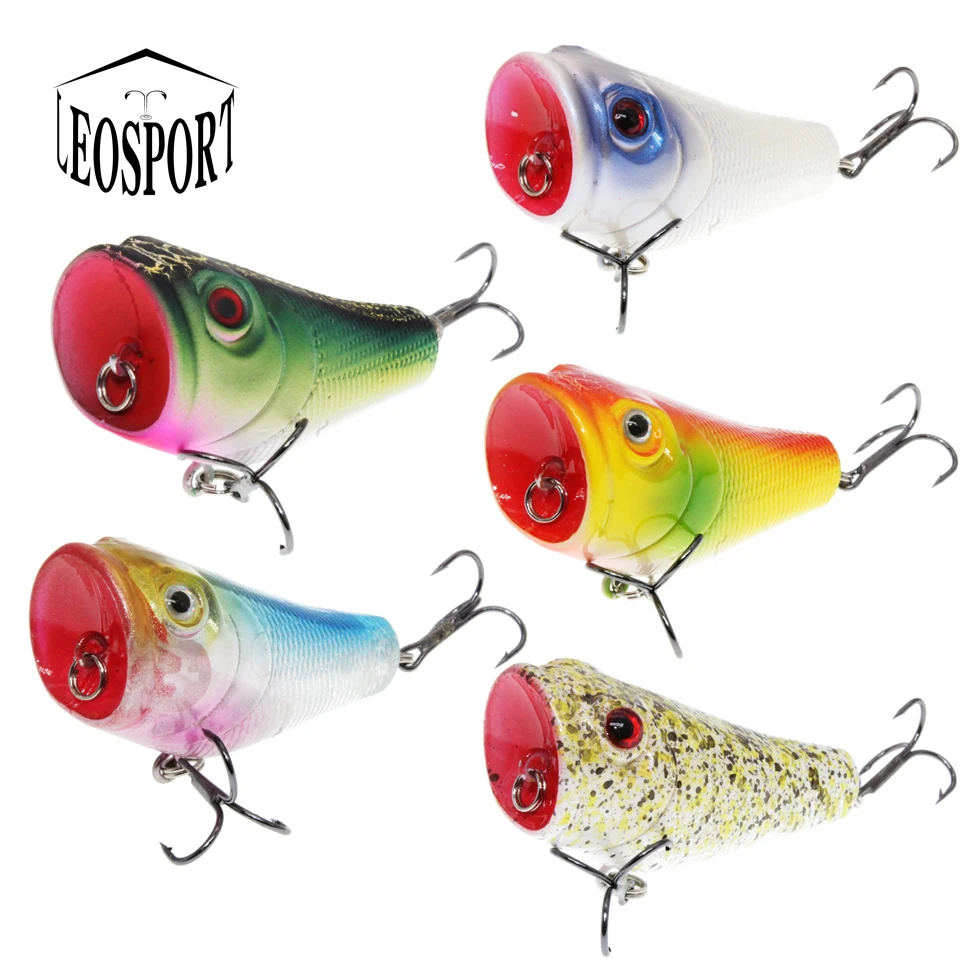 Señuelos de Pesca de plástico Popper, aparejos de pesca de alta calidad, 5 colores disponibles, cebos duros de 5CM/8G, 6 ganchos, ojos 3D, 1 ud.