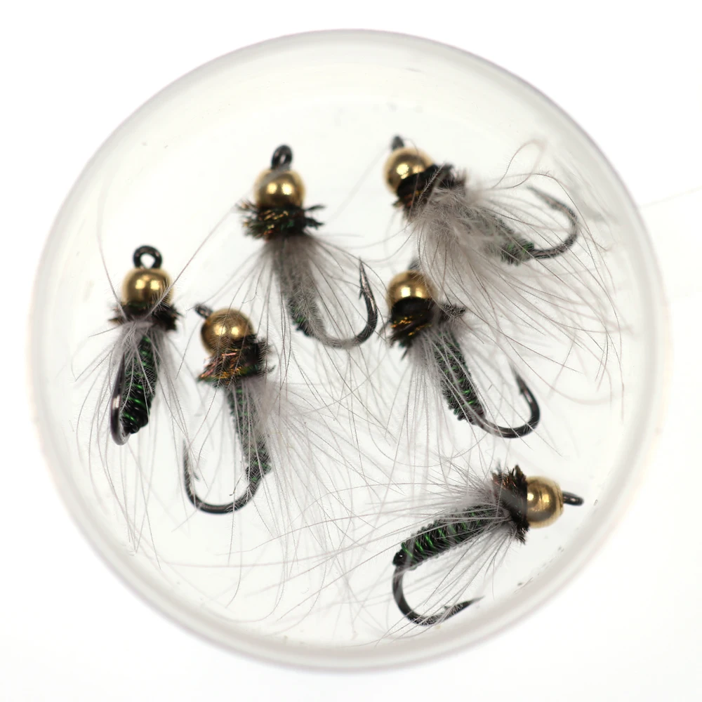 Bimoo-Cabeza de cuentas de latón n. ° 14 para pesca con mosca de Nymph, Caddis, cabeza de cuentas verdes metálicas, 6 uds. - imagen 3