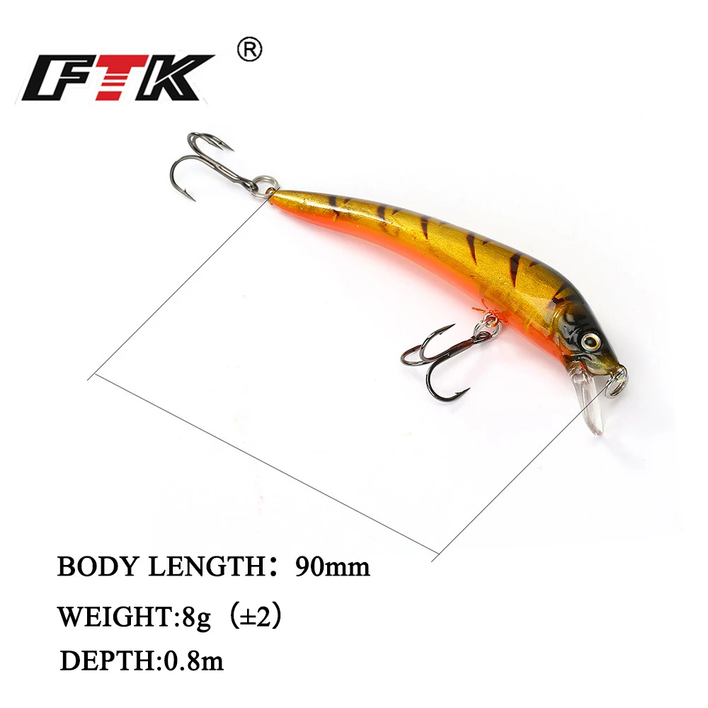 FTK 8g 9cm Señuelos de pesca Minnow ojos 3D cebo Artificial duro con anzuelo triple Bass Wobbers Swimbait - imagen 3