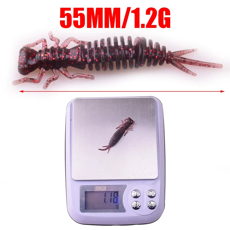 Señuelos de Pesca de gusano, 55mm, 1,2g, cebo de natación, Wobblers artificiales, delineador fácil de silicona, camarón, olor a sal, cebo suave, señuelo de lubina de carpa, 10 Uds. - imagen 4