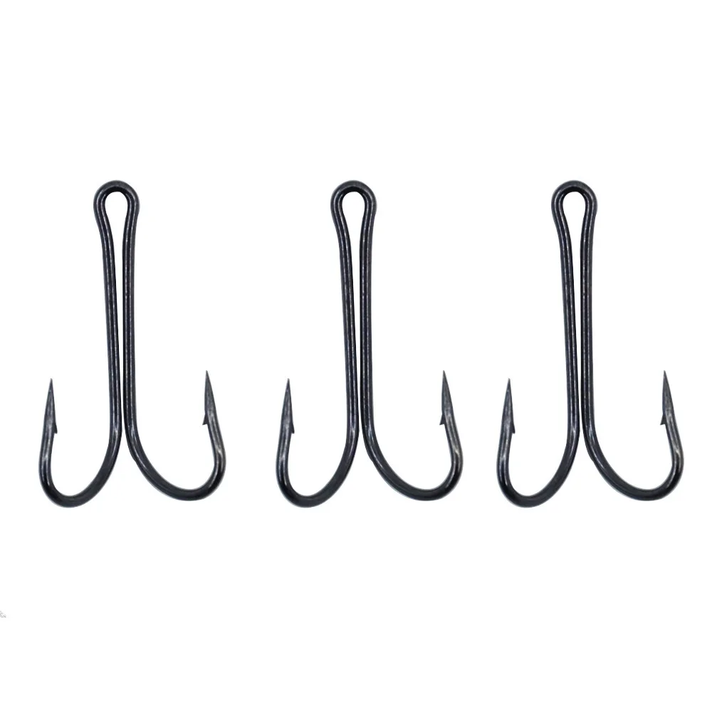 Anzuelos de pesca dobles de acero con alto contenido de carbono, Kit de anzuelos de pesca negros, anzuelo doble para anzuelo de lubina, 100 unids/lote por caja - imagen 5