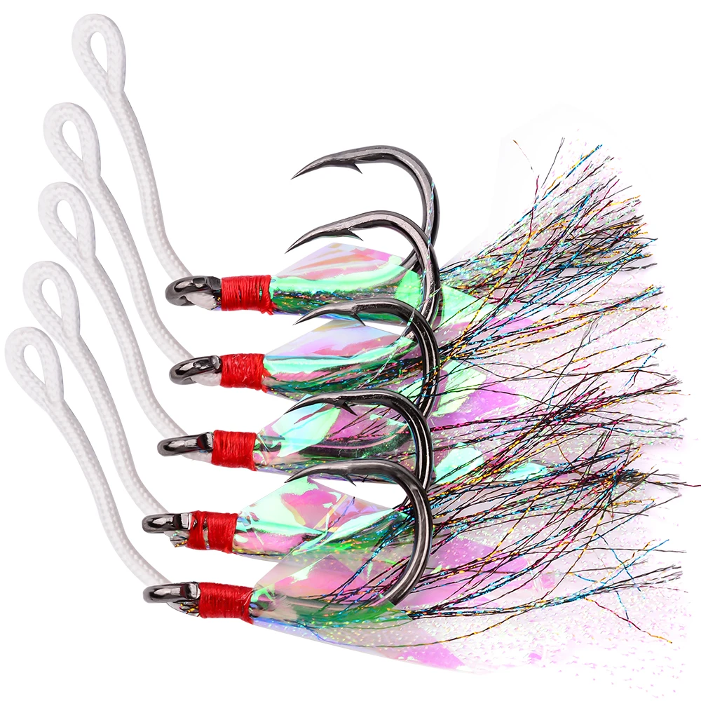 Anzuelos de pesca de agua salada con pluma rosa, anzuelos de JIGGING dorados y negros de acero inoxidable, 2 colores, 1/0-9/0, 20 unids/lote - imagen 4