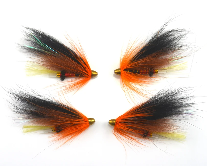 MNFT 4 unids/lote tubo de plástico de cabeza de cono de cobre moscas de pesca de salmón y señuelos de mosca Steelhead Color negro y naranja - imagen 3