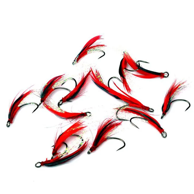 Anzuelos de pesca con pluma y ojo grande, señuelos de cuchara de tamaño pequeño, gancho único curvo, accesorios de piel, lote de 10 piezas, venta - imagen 2