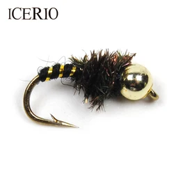ICERIO 10PCS # Señuelos de pesca de trucha con mosca, moscas secas, ninfas, pavo real, 14 cuentas