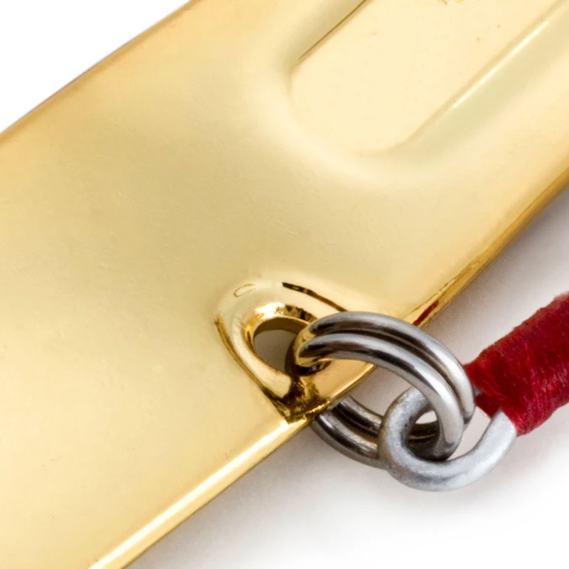 Objeto de metal de color dorado con un lazo en un extremo, que parece ser un llavero o accesorio similar. El lazo está conectado a una cadena de metal de color plateado, y a la cadena hay una tela roja unida, posiblemente una borla o un elemento decorativo.