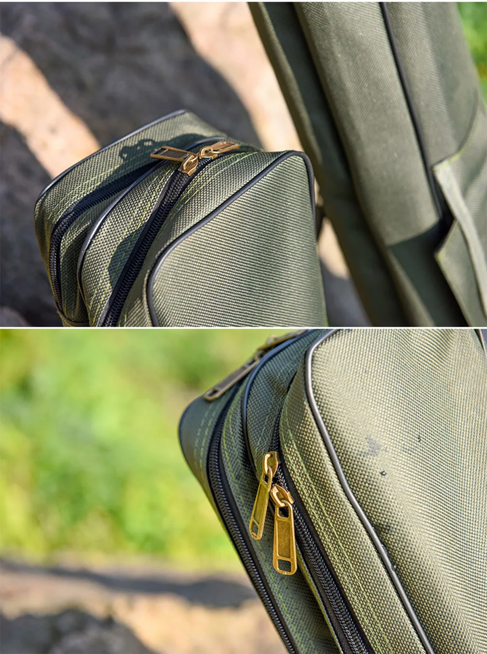Dos vistas de una bolsa de lona verde. La vista superior muestra la bolsa desde un lado, con una cremallera parcialmente abierta, dejando al descubierto un interior negro. La vista inferior muestra la bolsa desde el frente, con la cremallera completamente cerrada.