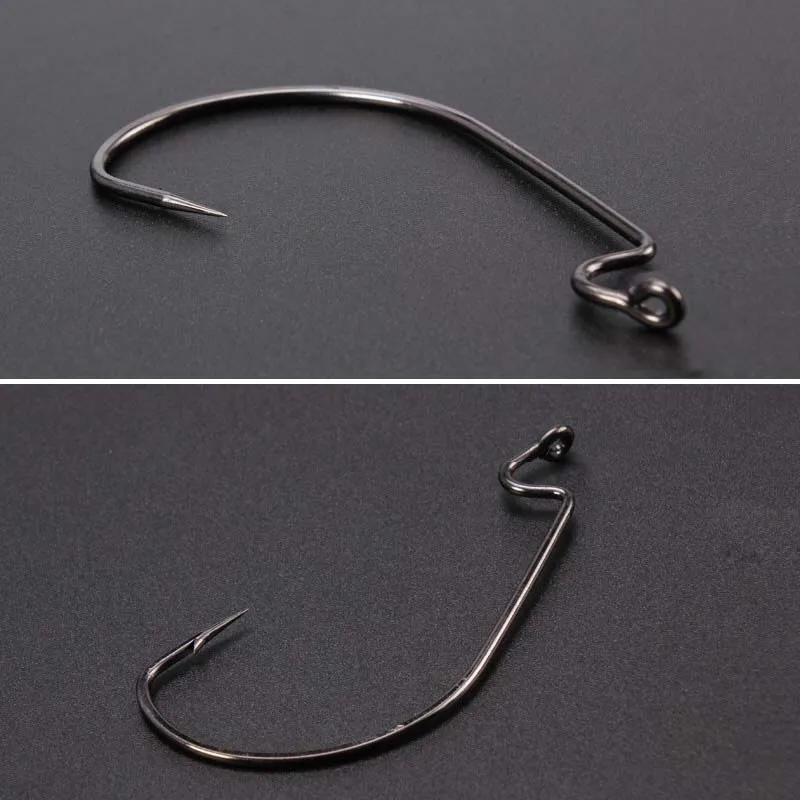100 Uds. Anzuelos de pesca de gusano de espacio ancho, manivela de plantilla, anzuelo de lubina grande, manivela de acero negro con alto contenido de carbono, anzuelo de púas para señuelo de pesca suave - imagen 4