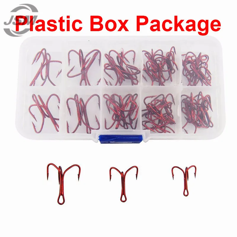 JSM-anzuelos de pesca triples de acero con alto contenido de carbono, 50 unidades, rojo, duro, redondo, doblado, Triple, Artificial, juego de anzuelos con caja - imagen 5
