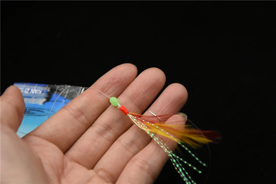 Señuelo de pesca artificial, 2 bolsas de tamaño de anzuelo 1/2/3/4, aparejos sabiki, con 5 plumas, cuentas luminosas para pesca nocturna - imagen 2