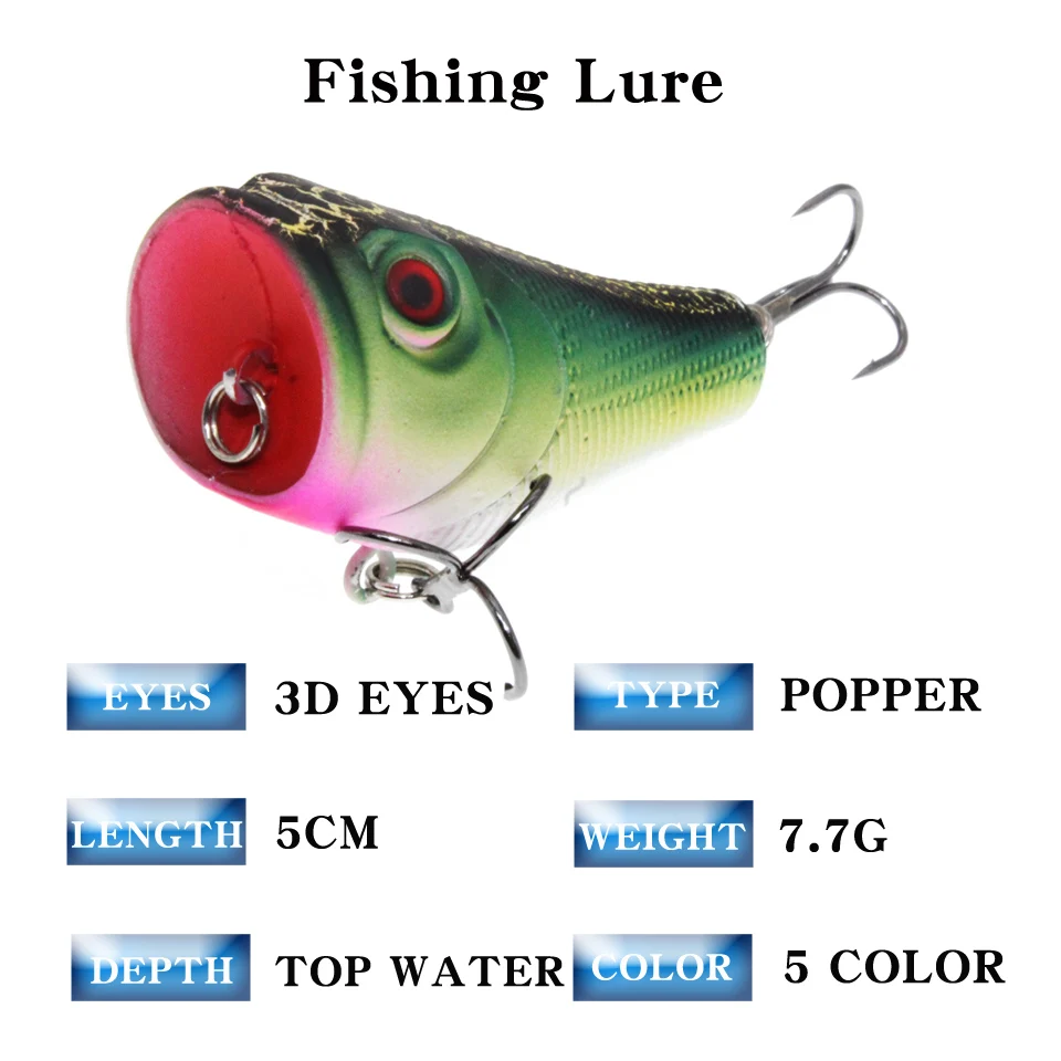 Señuelos de Pesca de plástico Popper, aparejos de pesca de alta calidad, 5 colores disponibles, cebos duros de 5CM/8G, 6 ganchos, ojos 3D, 1 ud.