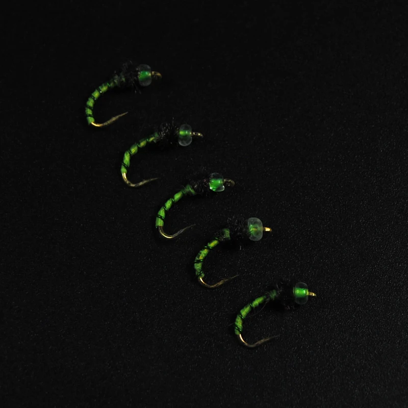 Bimoo-señuelo de pesca con mosca, 10 unidades, cabeza de cuenta de cristal, mosca verde y roja, cebo, gancho de Color dorado, Hegene #14 - imagen 4