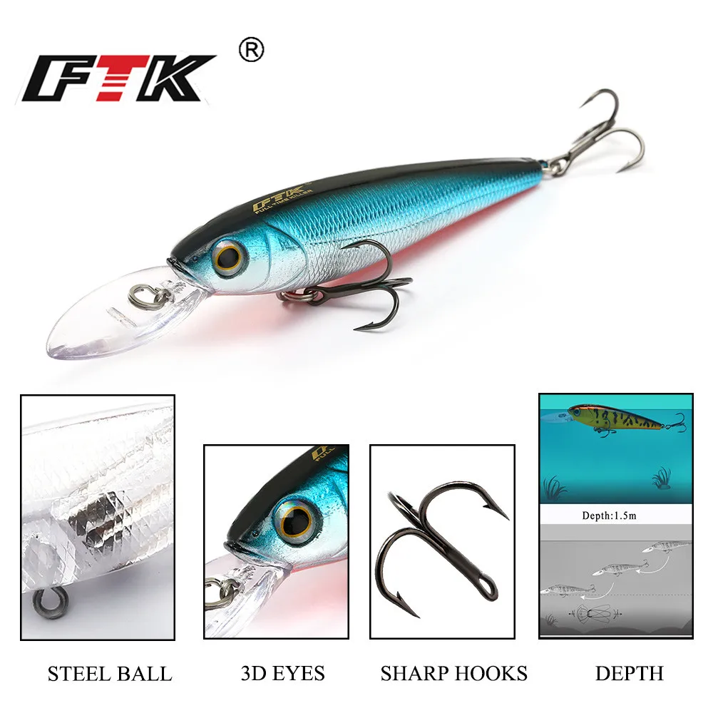 FTK 12g 90mm señuelo de pesca cebo Artificial duro hundimiento Minnow pesca lubina Wobblers Pike Swimbait anzuelos triples - imagen 5