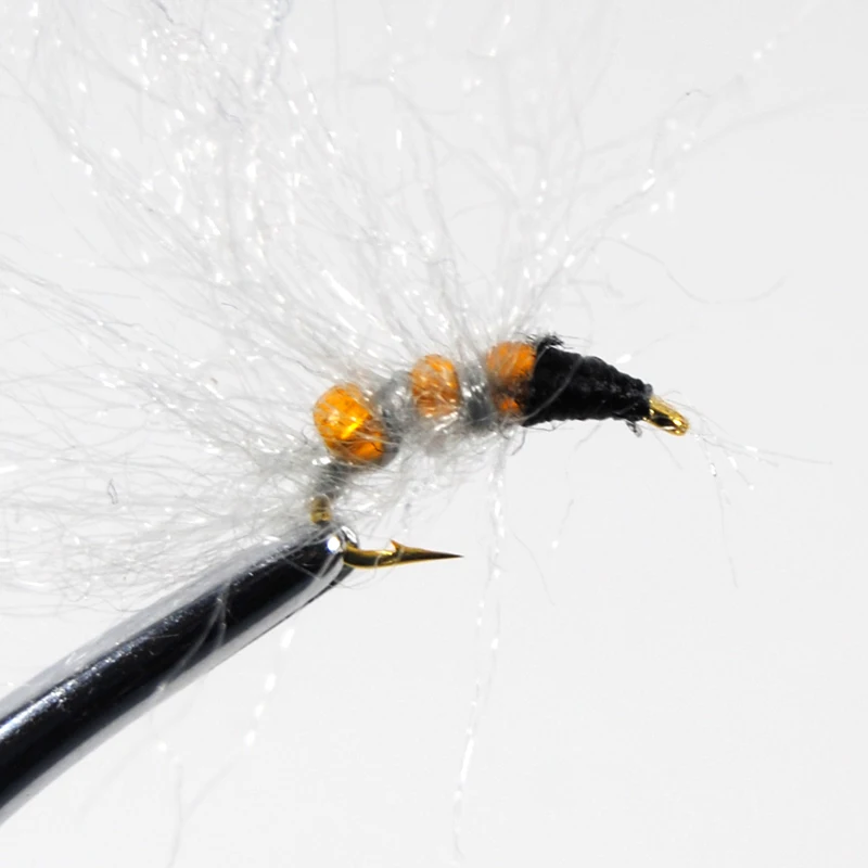 Bimoo-Cuenta de cristal Caddis Larva, Pupa, Nymph, moscas, trucha, Señuelos de cebo de pesca, tamaño Hegene #14, Color verde y naranja - imagen 2