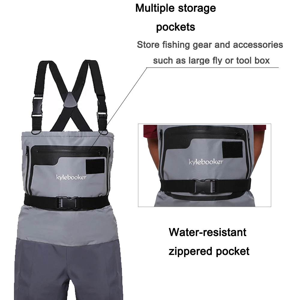 Un chaleco de pesca con múltiples bolsillos de almacenamiento. El chaleco está diseñado para guardar equipos y accesorios de pesca, como una mosca grande o una caja de herramientas. Cuenta con un bolsillo con cremallera resistente al agua, que probablemente esté destinado a mantener los artículos secos.