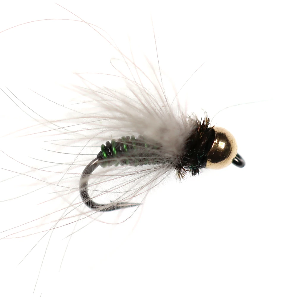 Bimoo-Cabeza de cuentas de latón n. ° 14 para pesca con mosca de Nymph, Caddis, cabeza de cuentas verdes metálicas, 6 uds. - imagen 2