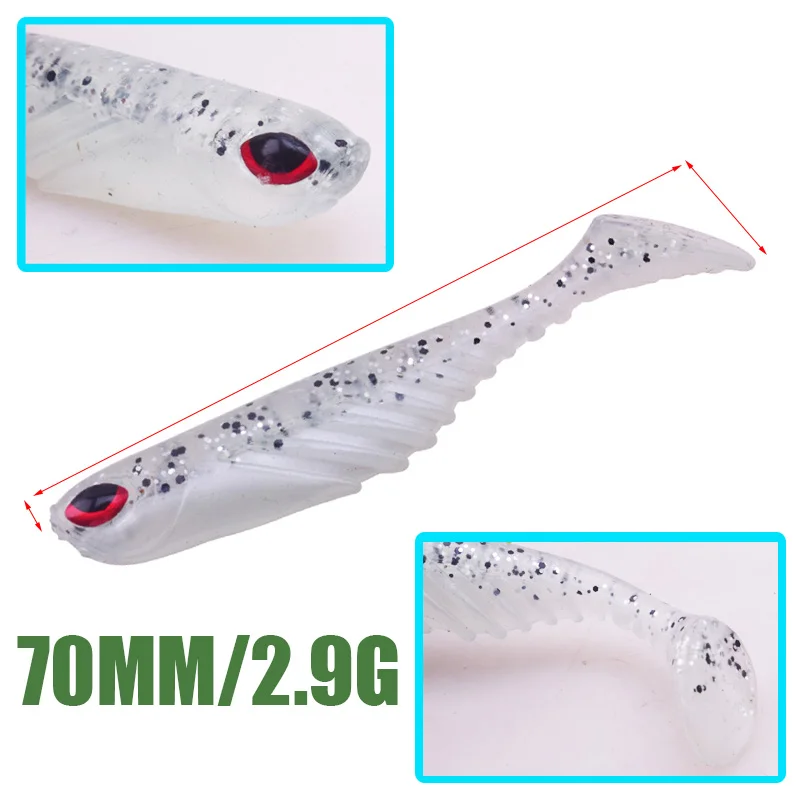 5 unids/lote Shad cebo suave de silicona 7cm 3g ojos 3D cola en T pez gusano señuelo de pesca Swimbaits cebos artificiales Jig Wobblers aparejos - imagen 2