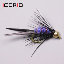 ICERIO-señuelo de pesca de trucha, 8 unidades, cabeza de cuentas de cobre, Psycho Prince Nymph Crazy Purple Fly, #12