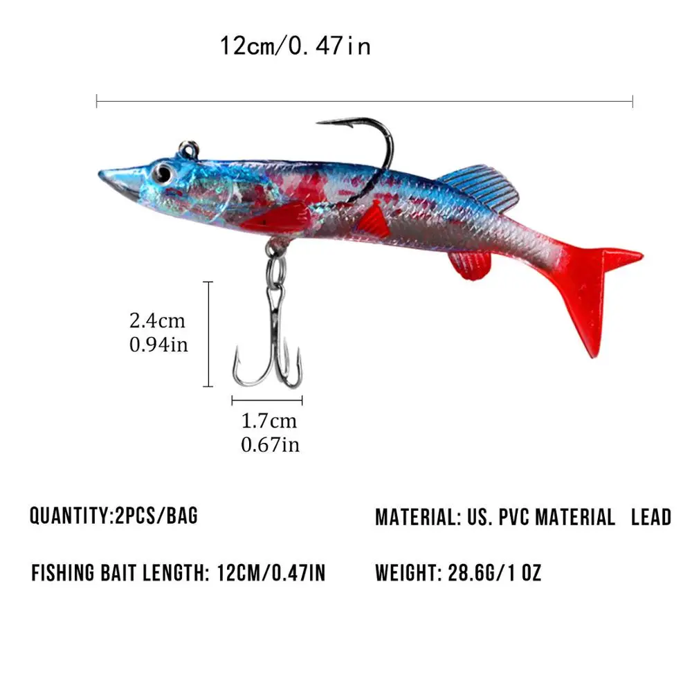 2 uds Lucio suave Swimbait 12cm 28g/1oz Shad pesca Wobbers T cola pesca de lubina señuelos blandos con anzuelo triple - imagen 2