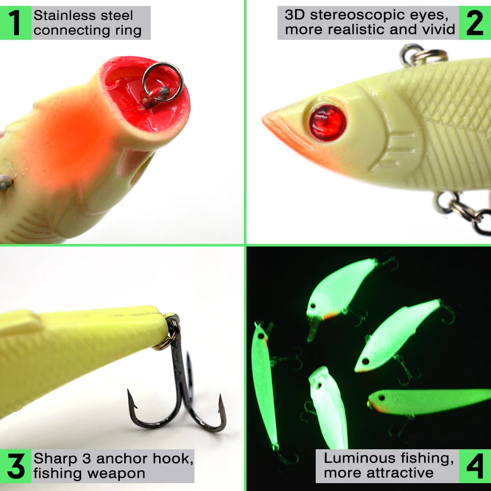 MNFT 5 uds Kit de cebo de señuelo de pesca nocturna cebo duro brillo nocturno señuelos artificiales VIB Popper manivela Minnow lápiz con caja de señuelos - imagen 3