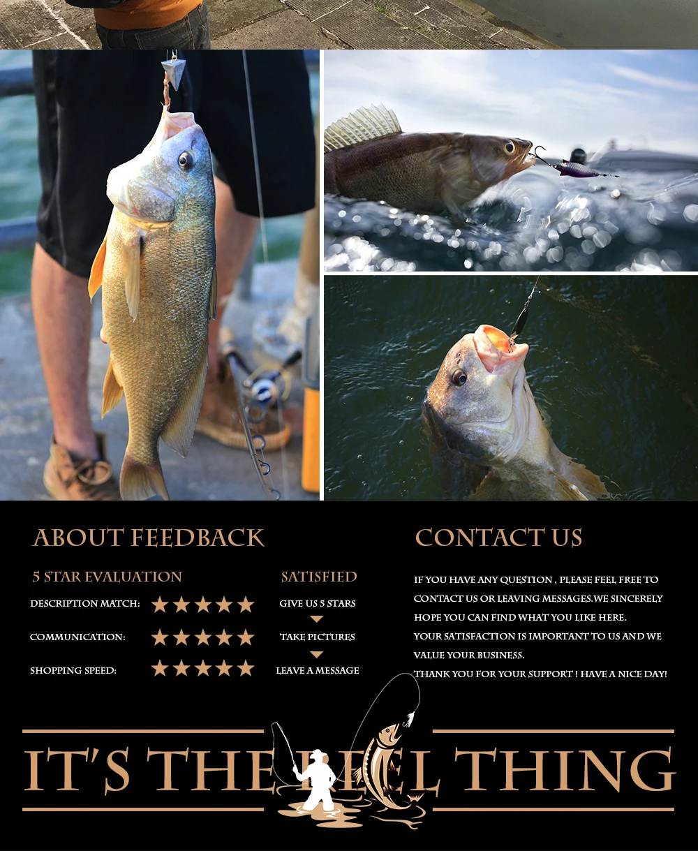 La imagen es un collage de tres fotografías relacionadas con la pesca, con una superposición promocional o informativa. La foto superior muestra a una persona sosteniendo un pez por la boca, presumiblemente después de pescarlo. La foto del medio captura un pez en el agua, con un anzuelo de pesca visible en su boca, lo que indica que ha sido capturado.