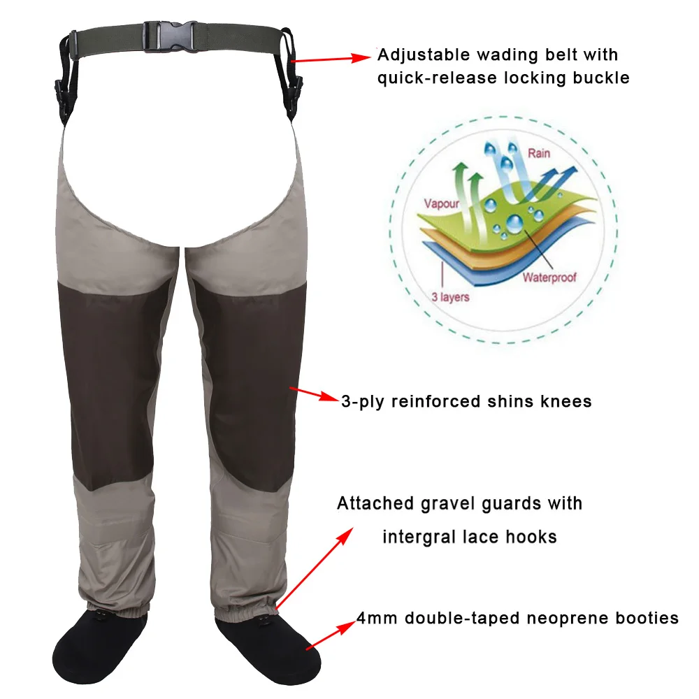 Un pantalón con varias características destacadas. Estas características incluyen:
1. Un cinturón para vadear ajustable con una hebilla de bloqueo de liberación rápida, que probablemente esté diseñado para actividades al aire libre como pescar o caminar.
2