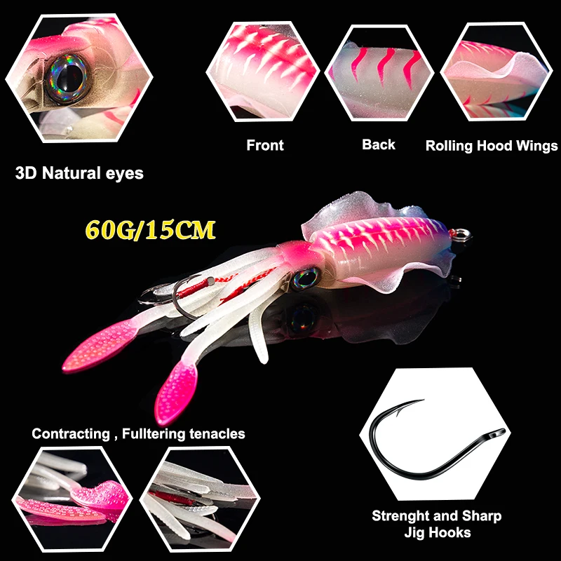 SUNMILE-señuelo de pesca de Calamar, cebo Wobbler luminoso/UV, 20g/60g, 150mm, para mar profundo - imagen 4