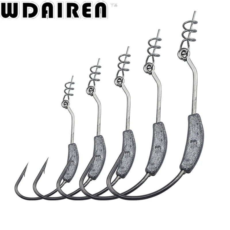 Una fila de ganchos de pesca con un logotipo de Wdaireen en el fondo