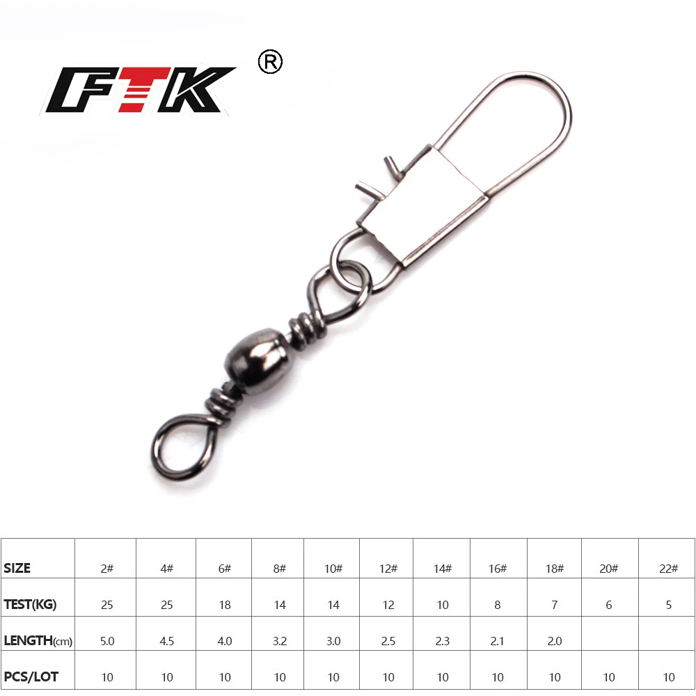 FTK-barril de Pesca giratorio con cierre a presión, 1 paquete de 10 unids/lote/paquete, 2 #-22 #, Terminal de conector de señuelo, aparejos de Pesca - imagen 2
