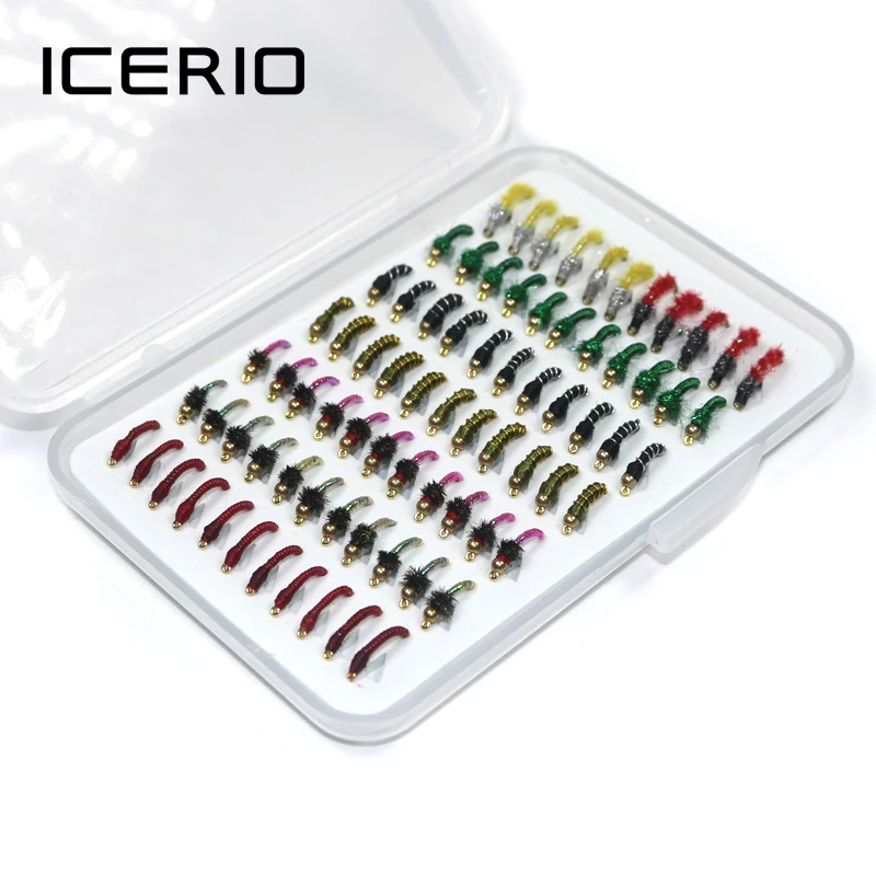 ICERIO-señuelo de pesca con mosca de trucha, cebo portátil en caja, Nymph, Scud, Midge, 77 unidades por juego