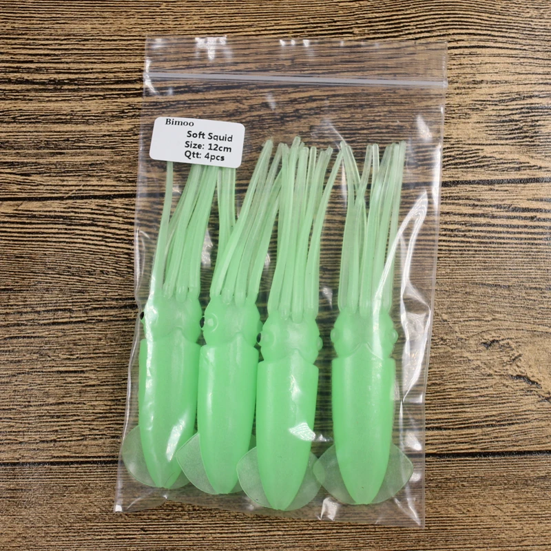 Bimoo, 1 bolsas = 4 Uds., 12cm, 14cm, 17cm, señuelos de calamar suaves, juego de Jigging, pesca en agua salada, cebo de pesca, pulpo, verde luminoso para plataformas DIY - imagen 4