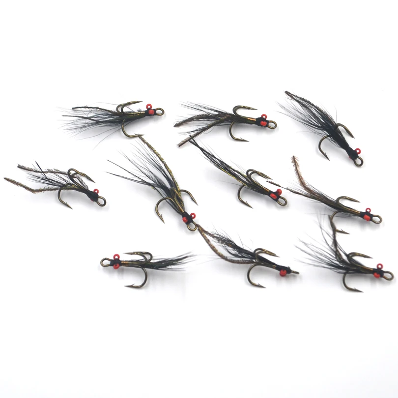 MNFT, 10 Uds. En caja, pesca con mosca, tres anzuelos, moscas, ojos rojos, plumas negras, plumas de pavo real, mosca húmeda, cebo de ninfa, señuelos receptores de moscas - imagen 3