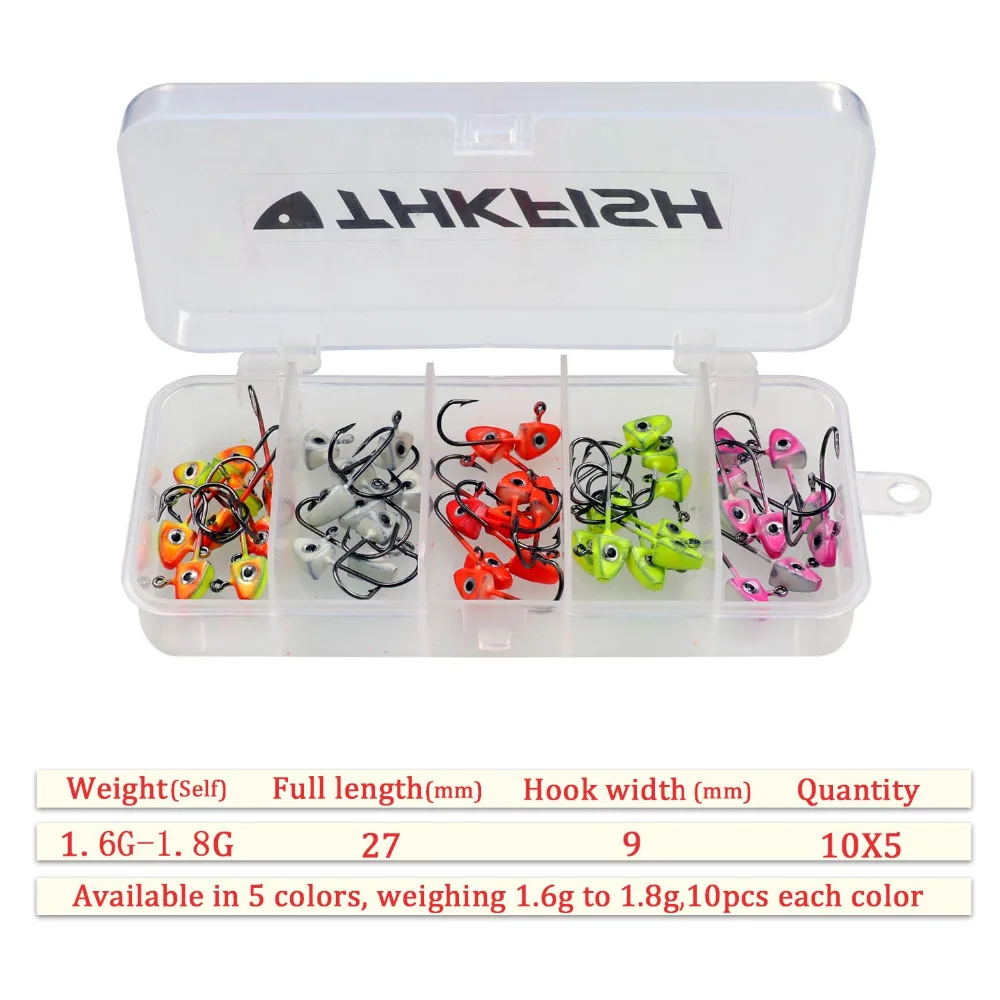 THKFISH 50 Uds plantillas de pesca en hielo cabeza anzuelos de señuelo invierno 1,6g-1,8g Mini cabezales de anzuelo Kit de anzuelos de pesca cebo duro de Metal para tipo de pez - imagen 2