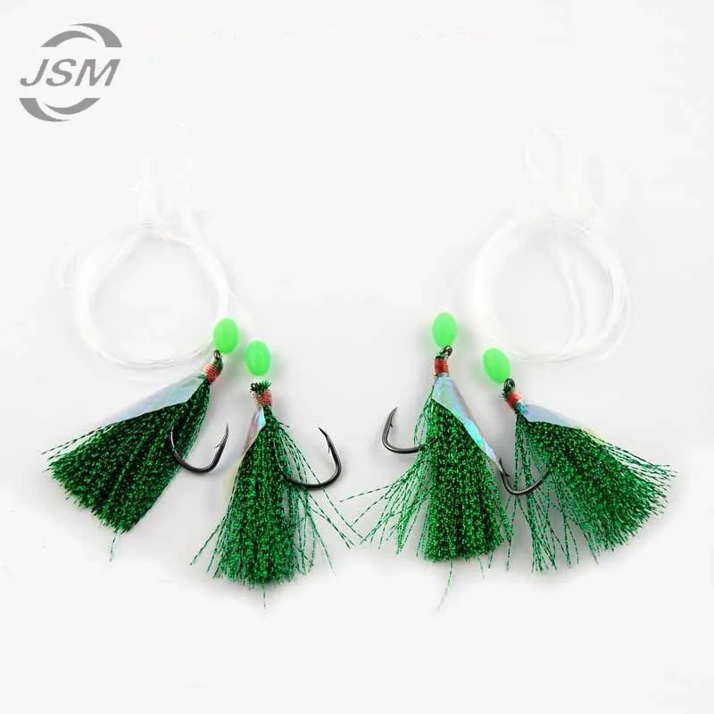 JSM-1 paquete de anzuelos de pesca de agua salada con línea de alambre verde brillante, 2 anzuelos de cebo intermitente, cuentas luminosas, cebo de piel de pescado - imagen 4