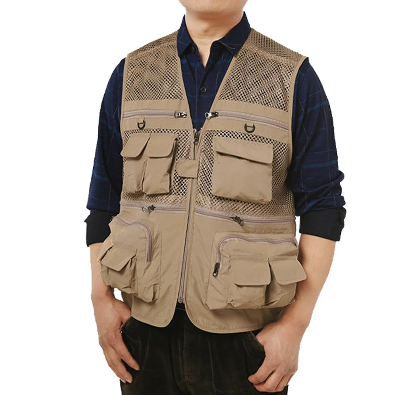 Chaleco de pesca verde militar para hombre, chaqueta sin mangas multiusos con múltiples bolsillos, de malla, color caqui, XA78G - imagen 4