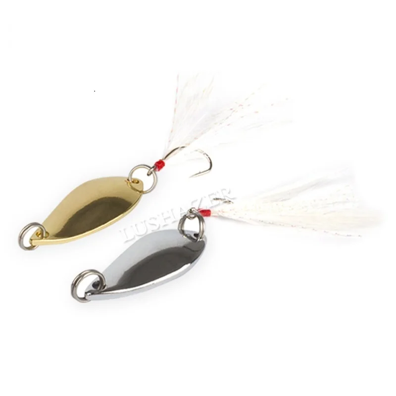 Señuelos de Metal para pesca, cebos duros de 2,5g, 3,5g, 5g, de lentejuelas artificiales doradas y plateadas con aparejos de plumas, 1-2 unids/lote - imagen 5