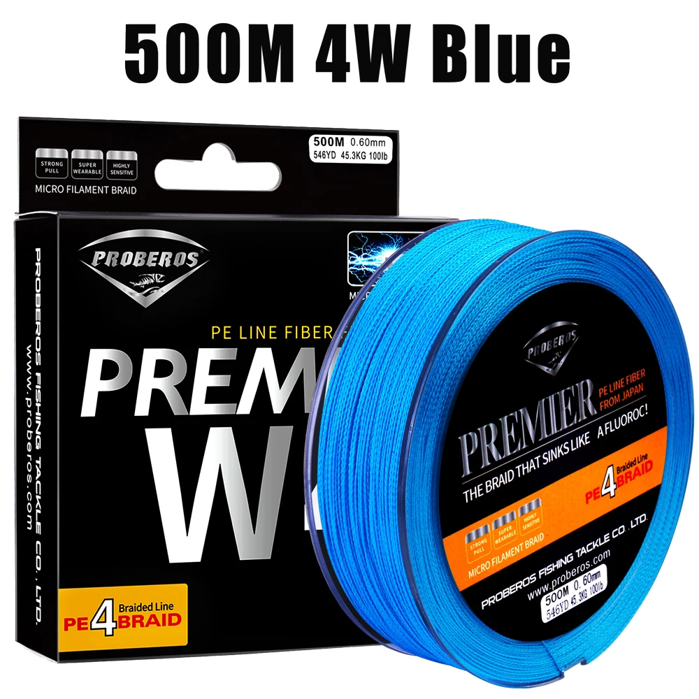 PROBEROS-sedal de pesca de 500M, 4 tejidos, línea PE disponible en verde/gris/rojo/azul/amarillo, 6LB-100LB, trenzado, diámetro 0,10mm-0,6mm - imagen 2